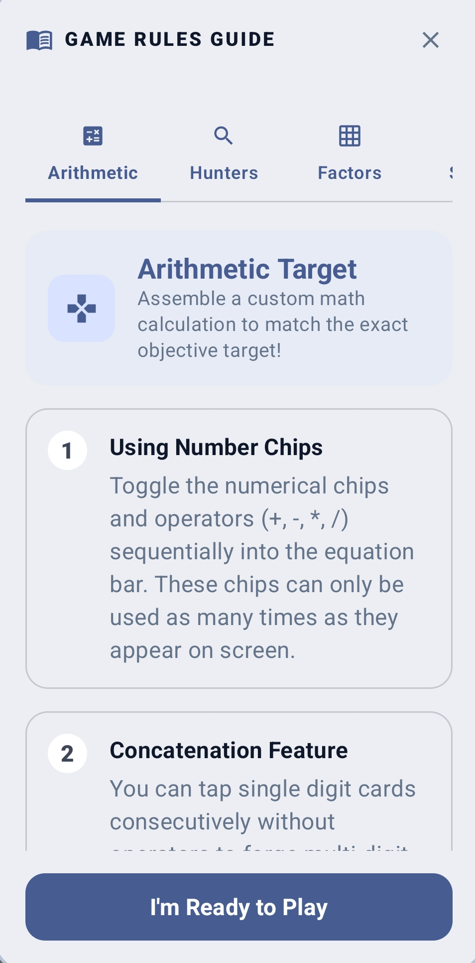 Interactive Rules Guide Screen